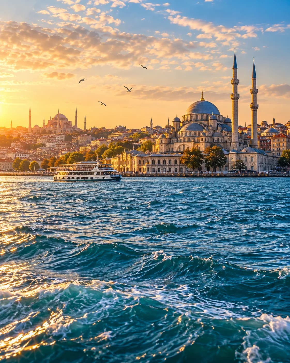 Ilustração de Istambul vista do Bósforo em luz dourada