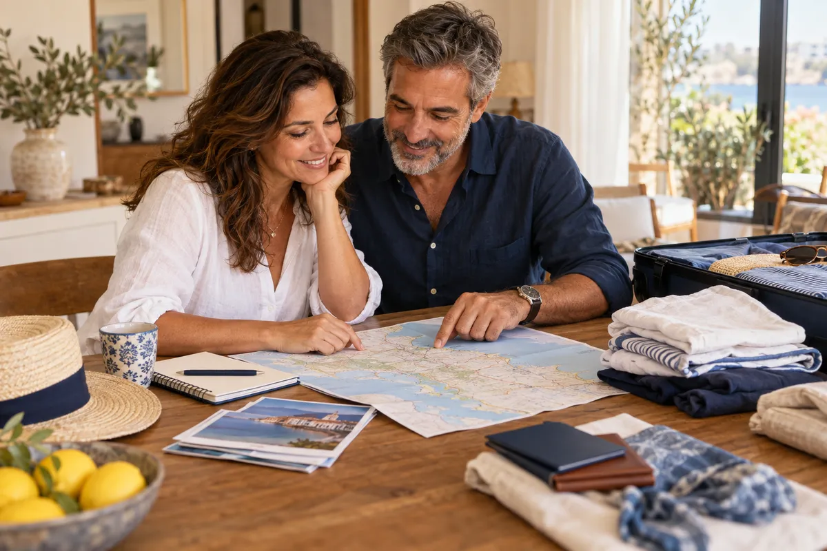 Cena ilustrativa de um casal preparando uma viagem em casa